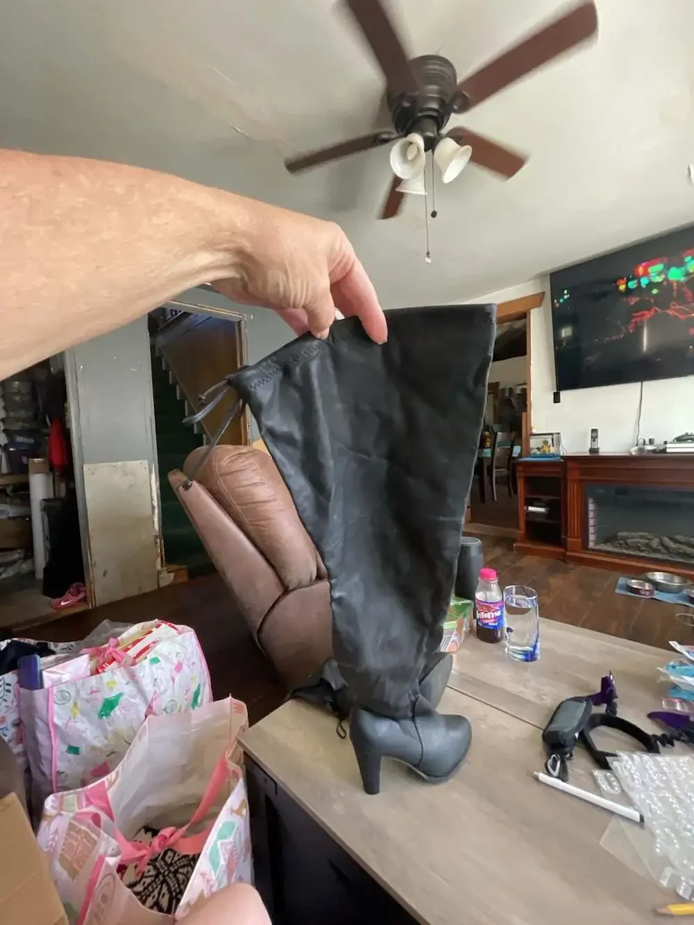Black Faux Leather Over-the-Knee High Heel Boots with Side Zipper and Drawstring